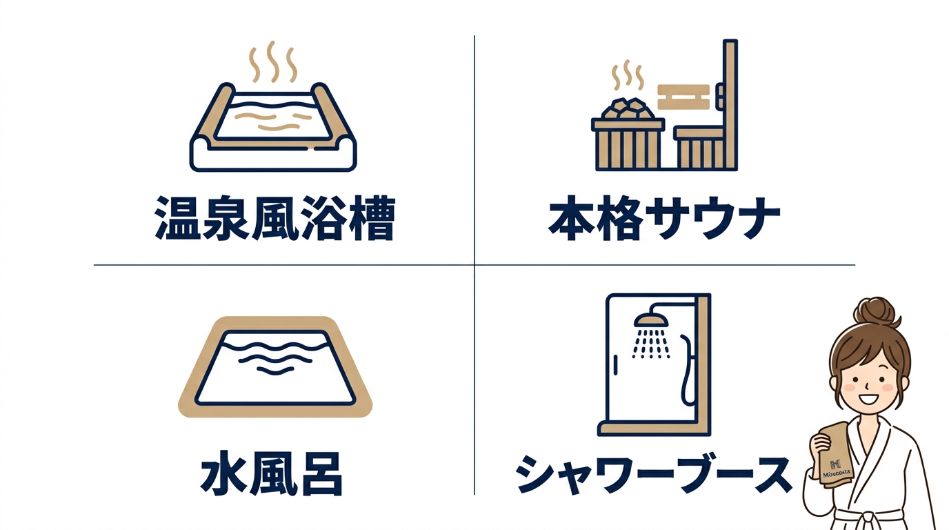 スパ内の温泉風浴場と本格サウナの魅力