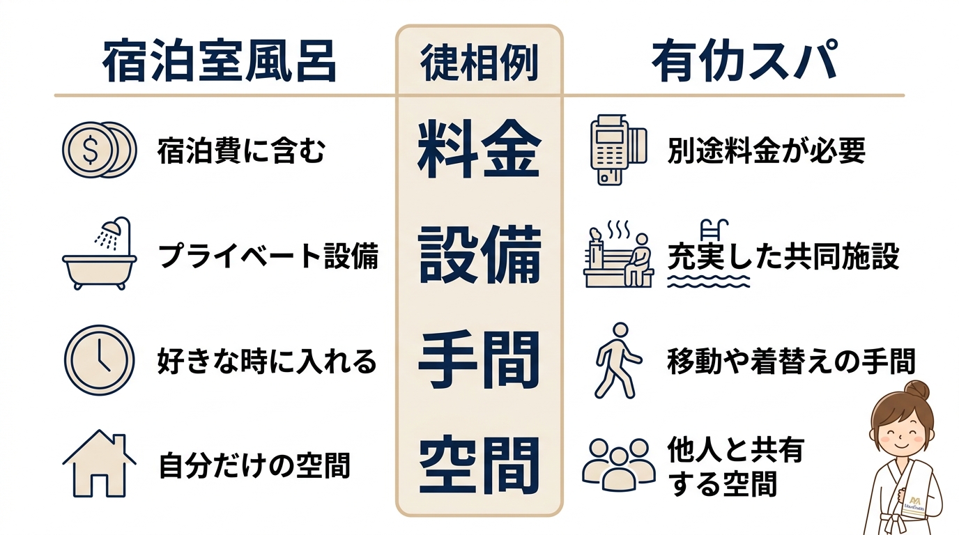 客室風呂と有料スパを4つの項目で比較