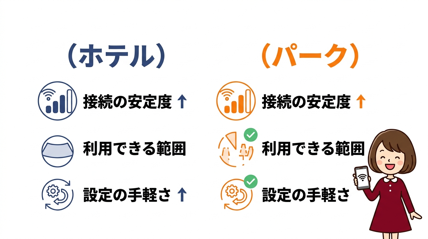 ホテル内とパーク内のWi-Fi環境を比較